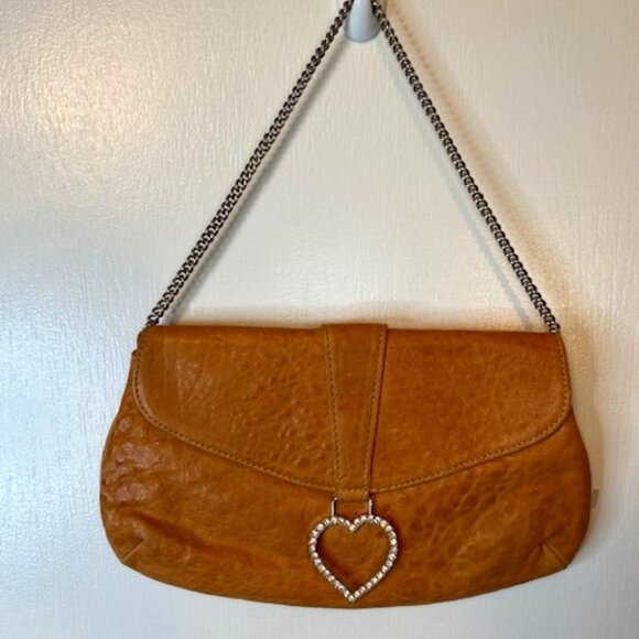 Sherry Wolf Crystal Peace Heart  Leather Convertible Clutch Bag w/Chain - Picture 1 of 9